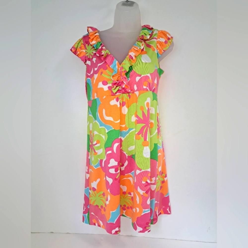 Lilly Pulitzer Clare Dress S Bright Floral Silk Ruffle V-neck Tropical Vacation